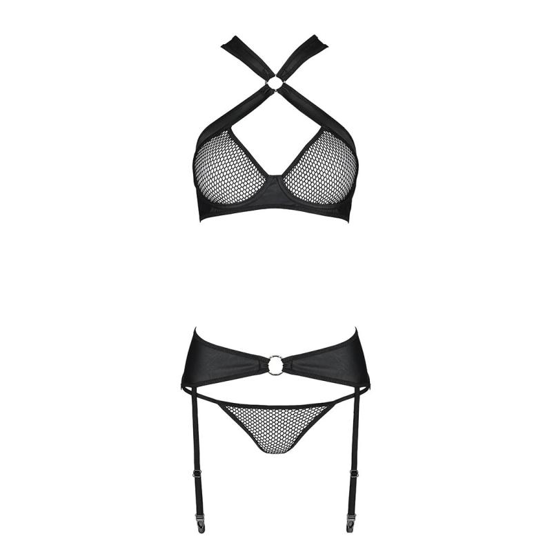 SO5323 Сетчатый набор: бюстгальтер с халтером, трусики и пояс для чулок Amanda Set black XXL/XXXL - Passion