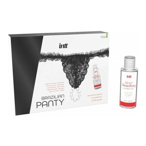SO7129 Набор Intt BRAZILIAN PANTY BLACK: трусики на завязках S-XL с жемчужным кольцом + клубничная смазка