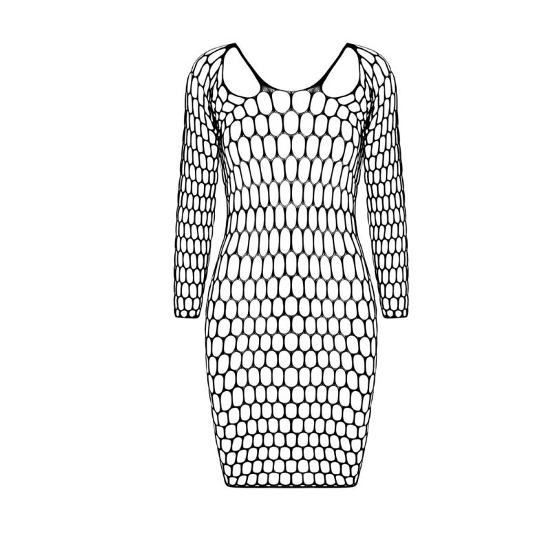 SO6397 Бодістокінг-сукня з глибоким коміром Passion BS093 black, довгі рукави