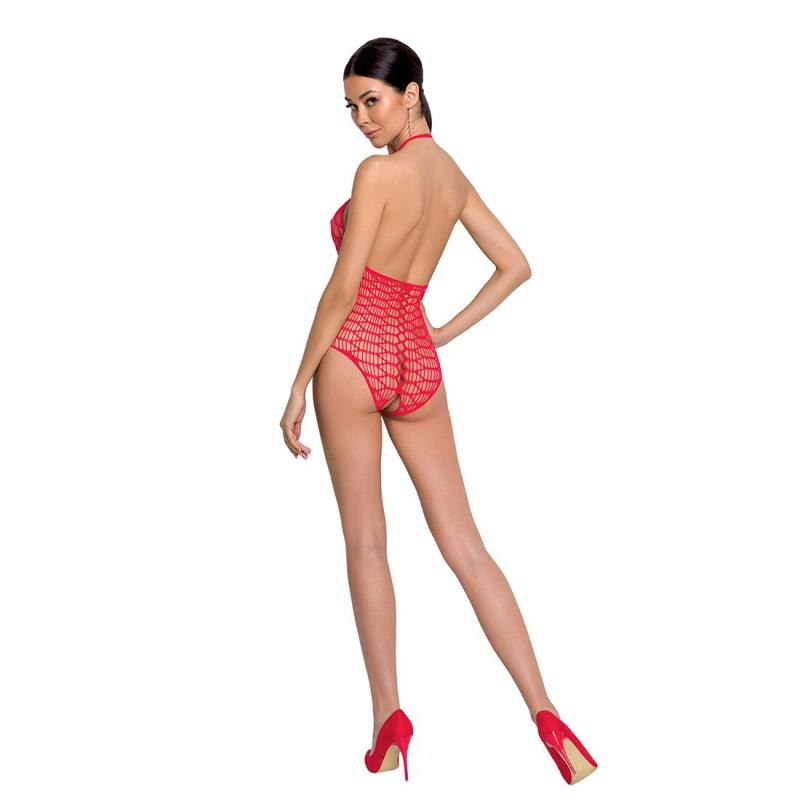 SO6380 Бодістокінг у велику сітку Passion BS087 red, відкрита спина, халтер, з доступом