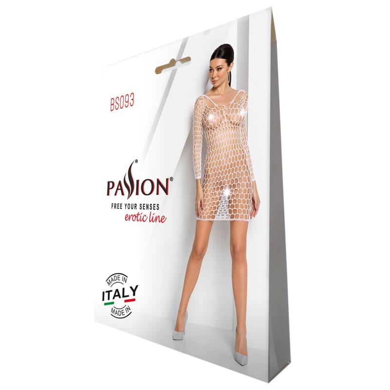 SO6399 Бодістокінг-сукня з глибоким коміром Passion BS093 white, довгі рукави