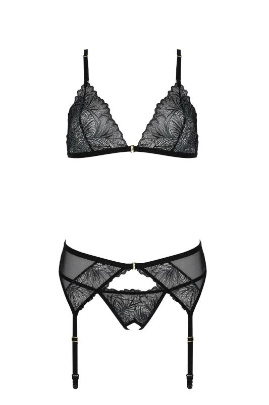 SO8421 Комплект с открытым доступом Passion DELIENA SET L/XL black, лиф, стринги, пояс для чулок